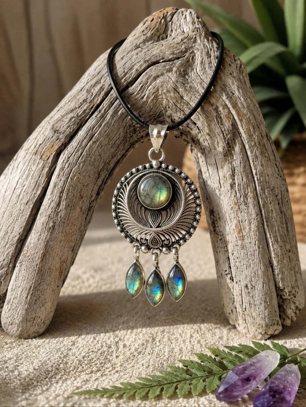 Sterling Silver Labradorite Mandala Dreamcatcher Medallion Pendant Necklace Boho